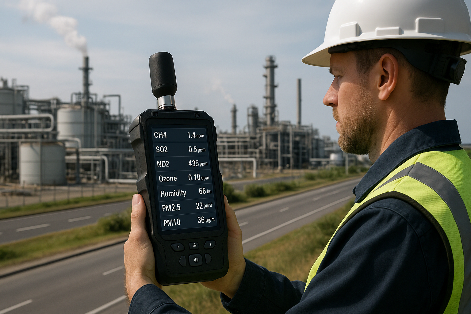 Industrial worker using gas detection equipment showing real-time atmospheric readings including CH4, SO2, ND2, Ozone, Humidity, PM2.5, and PM10 levels